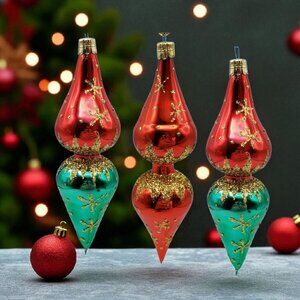Vintage MCM Starburst Design Finial Glass Ornaments Red Green Gold 1990s 3pc 6"